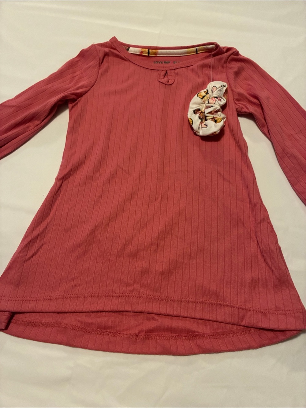 Girls' Long Sleeve Ribbed Tee with Floral Pocket Detail - Pink